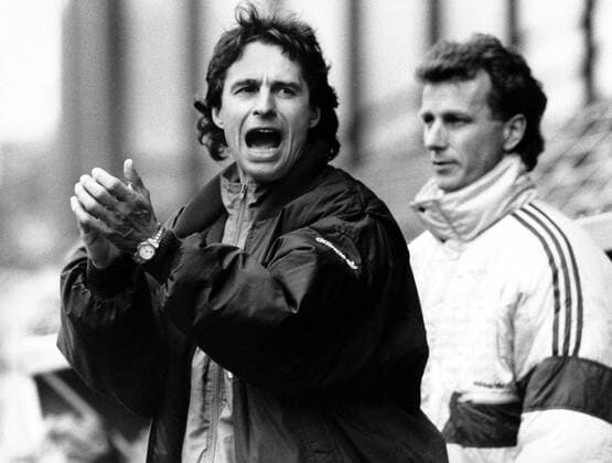 Bayer Uerdingen - Fortuna Düsseldorf: Trainer Horst Wohlers (Uerdingen), re.: Rainer Bonhof
