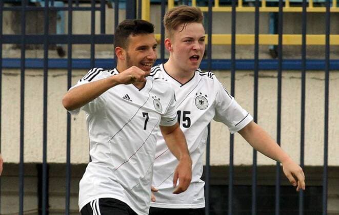 28.03.2014 Belgrade(Serbia) Republic of Ireland-Germany UEFA Under 17 Euro qualifiers elite round men s football Arianit Ferati(L) and Niclas Bahn(r)Germany celebrate second goal on the match : 