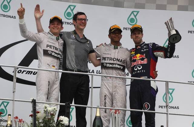 Lewis Hamilton; Sieg vor Nico Rosberg; Mercedes Grand Prix, und Sebastian Vettel; Red Bull Racing, Podium, Malaysia in Kuala Lumpur Sepang 30.03.2014 Photo:mspb Thomas Melzer Lewis Hamilton; Nico Rosberg; Sebastian Vettel; Podium, ; formula 1 GP, Malaysia,