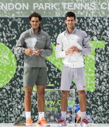 March 30, 2014 - Key Biscayne, Florida, USA - Key Biscayne - March 30: NOVAK DJOKOVIC(SRB) and RAFAEL NADAL (ESP) receive their trophies. Djokovic won 63 63 to win his 4th Sony Open tennis tournament. Tennis - Sony Open Tennis - ATP Tennis Herren World Tour Masters 1000 - Men s Championship - Day 14 - Sunday 30th March 2014 - Tennis Center at Crandon Park Key Biscayne, Miami, Florida USA - ZUMApa3
