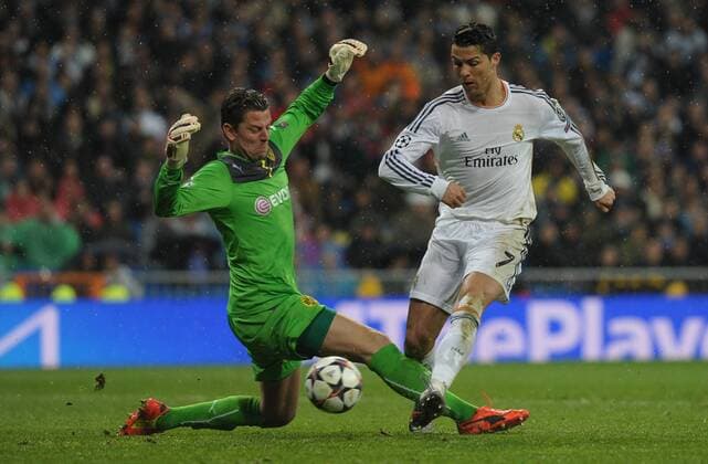 Real Madrid Forward, number 7 RONALDO - Cristiano Ronaldo dos Santos (27), celebrates after scoring a goal (0-0)Borussia Dortmund goalkeeper, number 1 WEIDENFELLER - Roman Weidenfeller (32) during round cuartos de final of the champions league league, soccer match between Real CF Madrid - BVB Borussia Dortmund at the Santiago Bernabeu estadium, Madrid - 