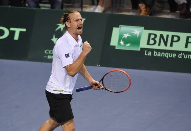 Tennis Daviscup Viertelfinale 2014 Frankreich -Deutschland Palais de Sports Jean Weille Nancy,Frankreich Deutsches Team : Peter Gojowczyk,Deutschland