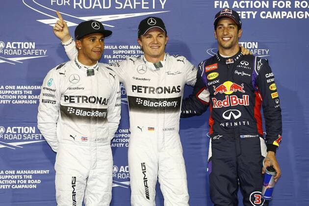 Motorsports: FIA Formula One World Championship 2014, Grand Prix of Bahrain, 44 Lewis Hamilton (GBR, Mercedes AMG Petronas F1 Team), 6 Nico Rosberg (GER, Mercedes AMG Petronas F1 Team), 3 Daniel Ricciardo (AUS, Infiniti Red Bull Racing), xHOCHxZWEIx