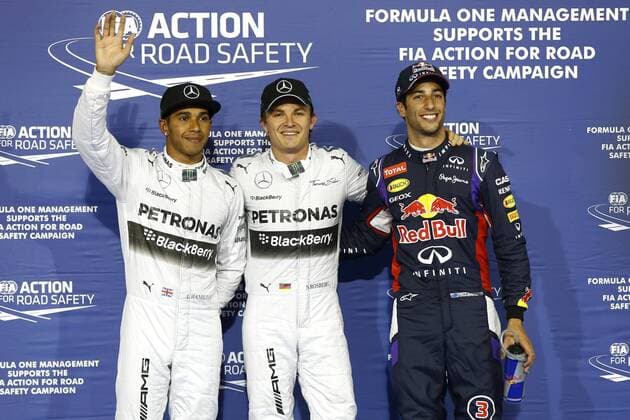 Motorsports: FIA Formula One World Championship 2014, Grand Prix of Bahrain, 44 Lewis Hamilton (GBR, Mercedes AMG Petronas F1 Team), 6 Nico Rosberg (GER, Mercedes AMG Petronas F1 Team), 3 Daniel Ricciardo (AUS, Infiniti Red Bull Racing), xHOCHxZWEIx