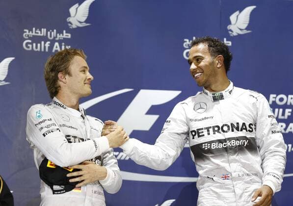 Motorsports: FIA Formula One World Championship 2014, Grand Prix of Bahrain, 6 Nico Rosberg (GER, Mercedes AMG Petronas F1 Team), 44 Lewis Hamilton (GBR, Mercedes AMG Petronas F1 Team), xHOCHxZWEIx