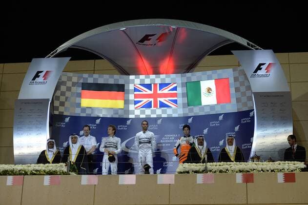 06.04.2014- Podium, winner Lewis Hamilton (GBR) Mercedes AMG F1 W05, 2nd Nico Rosberg (GER) Mercedes AMG F1 W05 and 3rd Sergio Perez (MEX) Sahara Force India F1 Team VJM07 Bahrain Grand Prix, Sakhir 3 - 6 April 2014 
