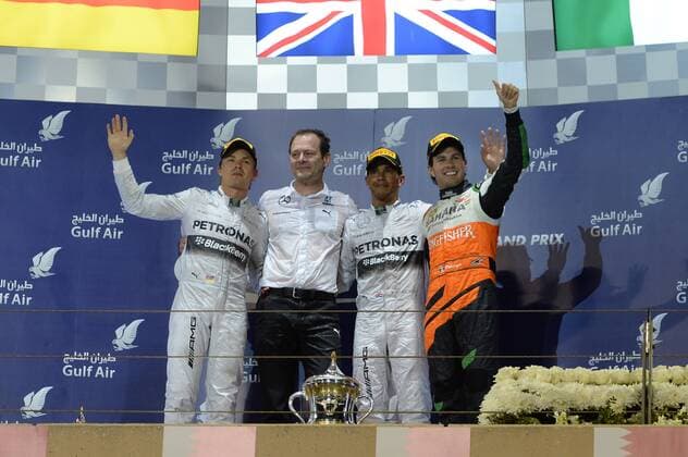 06.04.2014- Podium, winner Lewis Hamilton (GBR) Mercedes AMG F1 W05, 2nd Nico Rosberg (GER) Mercedes AMG F1 W05 and 3rd Sergio Perez (MEX) Sahara Force India F1 Team VJM07 Bahrain Grand Prix, Sakhir 3 - 6 April 2014 
