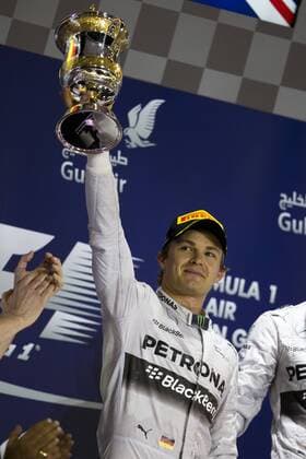 Sakhir, Kingdom of Bahrain - NICO ROSBERG of Germany and Mercedes AMG Petronas F1 Team is seen on the podium after claiming second place in the Formula 1 Bahrain Grand Prix 2014 at Bahrain International Circuit in Sakhir, Kingdom of Bahrain. F1 2014 - Bahrain Grand Prix - Hamilton Wins  - ZUMAg14