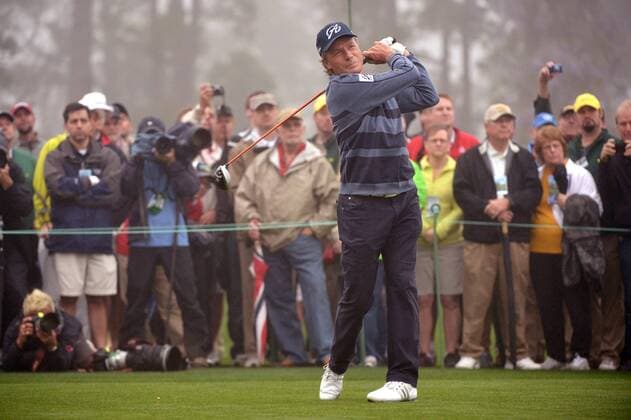 Bernhard Langer watches his drive off of the first tee during a practice round prior to the Masters golf tournament at Augusta National Golf Club in Augusta, George, April 7, 2014.  AUG20140407326