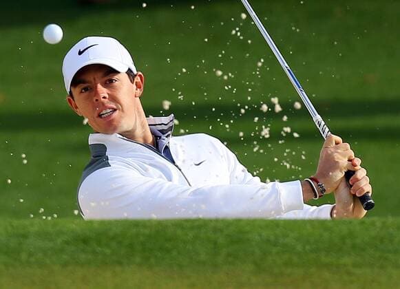 April 8, 2014 - Augusta, GA, USA - Rory McIlroy, of Northern Ireland, hits from the sand trap to the second green during his practice round for the Masters at Augusta National Golf Club on Tuesday, April 8, 2014, in Augusta, Ga. PGA - ZUMAm67