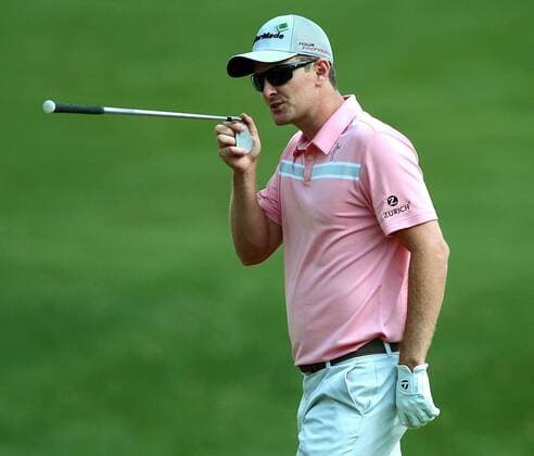 April 8, 2014 - Augusta, GA, USA - Justin Rose points toward the cup on the 16th green during his practice round at Augusta National Golf Club on Tuesday, April 8, 2014, in Augusta, Ga. PGA - ZUMAm67