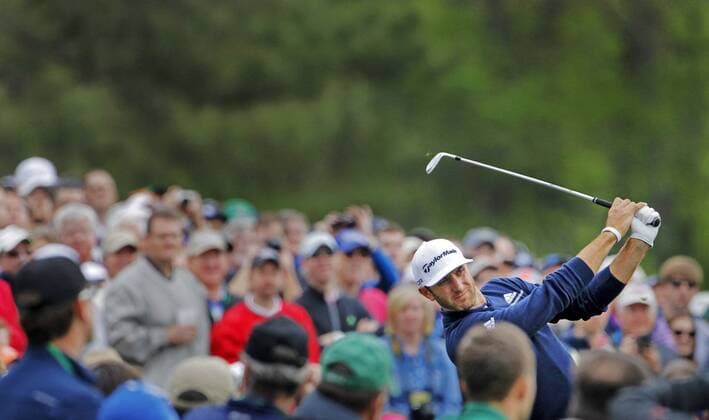 April 8, 2014 - Augusta, GA, USA - Dustin Johnson hits tee shot on No. 12 during a practice round at Augusta National Golf Club on Tuesday, April 8, 2014, in Augusta, Ga. PGA - ZUMAm67