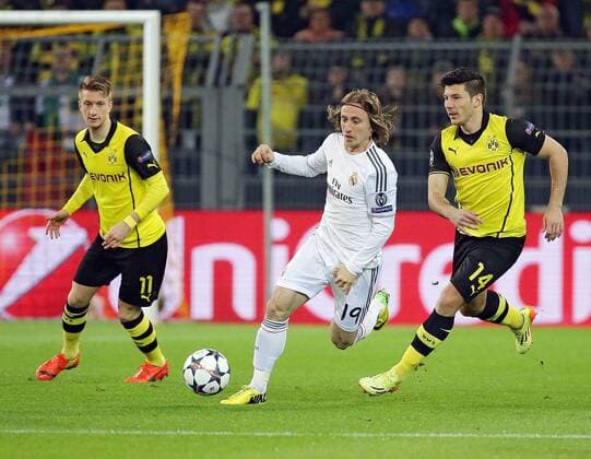 08.04.2014, xovx, Fussball Champions League, Borussia Dortmund - Real Madrid, v.l. Marco Reus (Borussia Dortmund), Luka Modric (Real Madrid), Milos Jojic (Borussia Dortmund), Aktion.