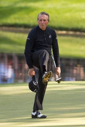 Gary Player celebrates after making a putt on the ninth hole during the Par 3 Contest during the Masters Tournament at Augusta National Golf Club in Augusta, Georgia, April 8, 2014.  AUG20140409326