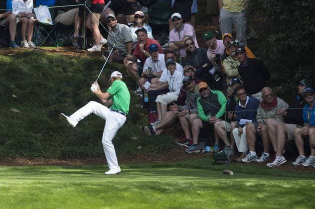 Roberto Castro reacts after just missing a hole-in-one during the ninth tee during the Par 3 Contest during the Masters Tournament at Augusta National Golf Club in Augusta, Georgia, April 8, 2014.  AUG20140409342