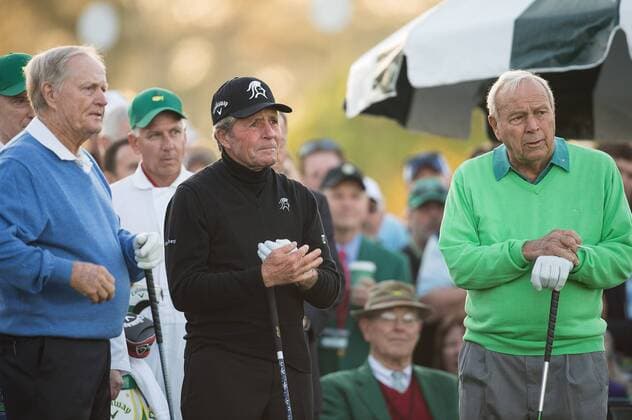 Honorary starters, from left to right, Jack Nicklaus, Gary Player and Arnold Palmer wait to tee off during the first round of the Masters Tournament at Augusta National Golf Club in Augusta, Georgia, April 10, 2014.  AUG20140410301