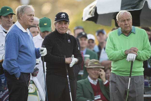 Honorary starters, from left to right, Jack Nicklaus, Gary Player and Arnold Palmer wait to tee off during the first round of the Masters Tournament at Augusta National Golf Club in Augusta, Georgia, April 10, 2014.  AUG20140410303