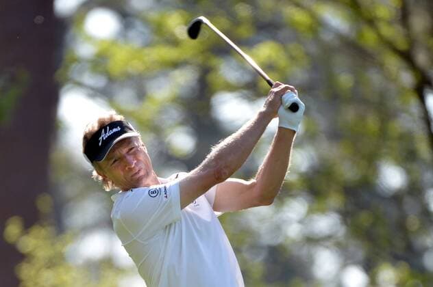 Bernhard Langer watches his drive off of the 4th tee box during the second round of the 2014 Masters Tournament at Augusta National Golf Club in Augusta, Georgia, April 11, 2014. Watson finished seven under par.  AUG20140411333