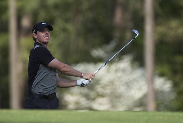 Rory McIlroy watches his drive off of the 12th tee box during the second round of the 2014 Masters Tournament at Augusta National Golf Club in Augusta, Georgia, April 11, 2014. Watson finished seven under par.  AUG20140411360