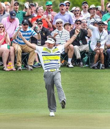 April 11, 2014 - Augusta, Georgia, U.S. - BUBBA WATSON celebrates a long birdie putt on the 14th green in the second round at the Masters Tournament. Watson had five-straight birdies on the second nine and is seven-under par through two rounds at the Masters. Golf 2014 - Masters Tournament - Round 2 - ZUMAm67