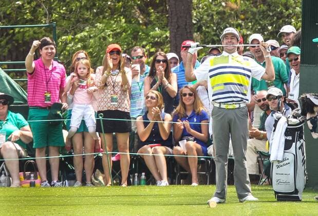 April 11, 2014 - Augusta, GA, USA - Bubba Watson takes a bite out of his club after hitting his ball within a few feet of the hole on the 16th hole in the second round at the Masters Tournament in August, Ga., on Friday, April 11, 2014. Masters Tournament - ZUMAm67