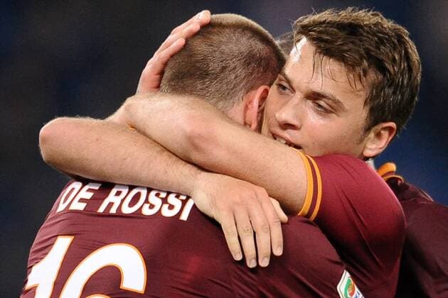 Adem Ljajic Roma De Rossi. Goal celebration. Roma 12-04-2014 Stadio Olimpico. Football Calcio 2013 2014 Serie A. AS Rom - Atalanta Bergama AntoniettaxBaldassarre