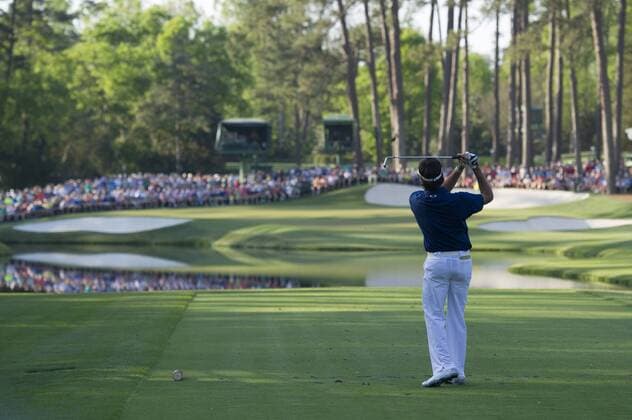 Bubba Watson hits off of the 16th tee during the third round of the 2014 Masters Tournament at Augusta National Golf Club in Augusta, Georgia, April 12, 2014. Watson finished seven under par.  AUG20140412413