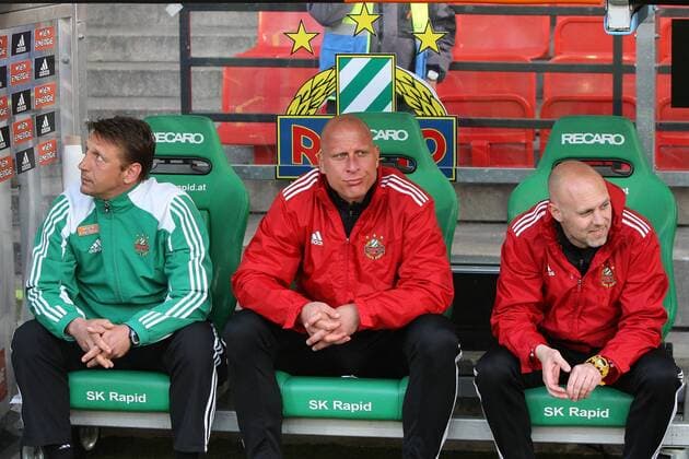 FUSSBALL - BL, Rapid vs Admira WIEN,AUSTRIA,12.APR.14 - FUSSBALL - tipp3 Bundesliga powered by T-Mobile, SK Rapid Wien vs FC Admira Wacker Mödling. Bild zeigt Trainer Zoran Barisic, Co-Trainer Carsten Jancker und Co-Trainer Thomas Hickersberger (Rapid). Keyword: Wien Energie. 