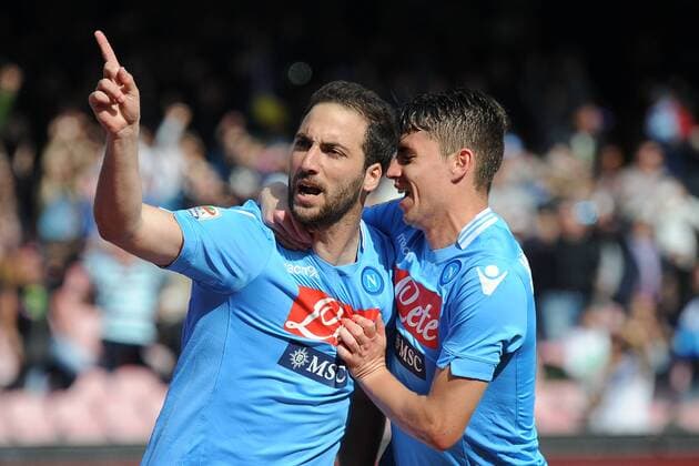 Gonzalo Higuain. Goal celebration 2-1 Napoli 13-04-2014 Stadio San Paolo - Football Calcio 2013 2014 Serie A, SSC Napoli - Lazio Roma , andreaxstaccioli