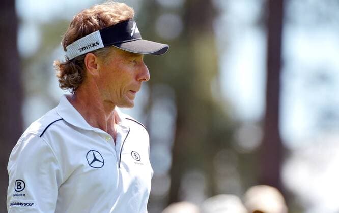 Bernhard Langer stands on the 4th tee box in the final round round of the 2014 Masters Tournament at Augusta National Golf Club in Augusta, Georgia on April 13, 2014.  AUG20140413307