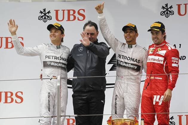 Motorsports: FIA Formula One World Championship 2014, Grand Prix of China, 6 Nico Rosberg (GER, Mercedes AMG Petronas F1 Team), Ron Meadows (GBR, Mercedes AMG Petronas F1 Team), 44 winner Lewis Hamilton (GBR, Mercedes AMG Petronas F1 Team), 14 Fernando Alonso (ESP, Scuderia Ferrari), xHOCHxZWEIx