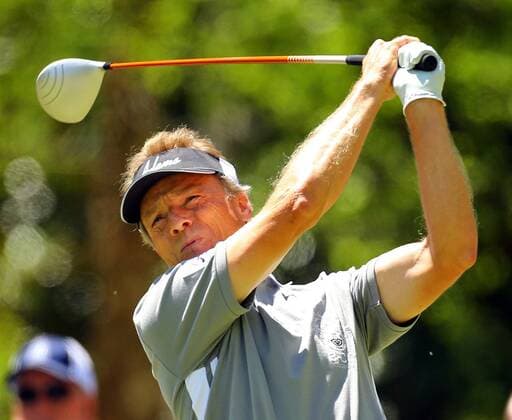 April 20, 2014 - Duluth, GA, USA - Bernhard Langer, of Germany, tees off with a driver on the 389-yard third hole during the final round of the Greater Gwinnett Championship at TPC Sugarloaf in Duluth, Ga., Sunday, April 20, 2014. Greater Gwinnett Championship - ZUMAm67