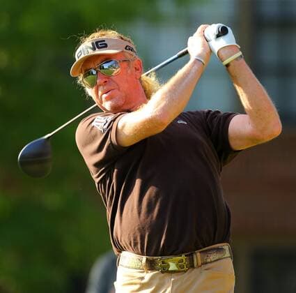 April 20, 2014 - Duluth, GA, USA - Miguel Jimenez tees off on the 18th hole, on his way to winning the Greater Gwinnett Championship at TPC Sugarloaf in Duluth, Ga., Sunday, April 20, 2014. Greater Gwinnett Championship - ZUMAm67