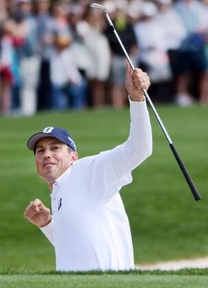 April 20, 2014 - Hilton Head Island, SC, USA - Matt Kuchar reacts after his chip shot for birdie from the bunker on the 18th hole finds the hole to clinch the 2014 championship of the RBC Heritage Presented by Boeing on Sunday at Harbour Town Golf Links in Sea Pines on Hilton Head Island, S.C., April 20, 2014. The birdie propelled him to sole possession of the lead at 11-under-par, one stroke better than runner up Luke Donald. 2014 RBC Heritage - ZUMAm67