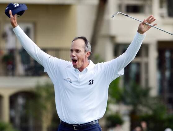 April 20, 2014 - Hilton Head Island, SC, USA - Matt Kuchar celebrates after his chip shot for birdie on the 18th hole found the hole to clinch the 2014 championship of the RBC Heritage Presented by Boeing on Sunday at Harbour Town Golf Links in Sea Pines on Hilton Head Island, S.C., Sunday, April 20, 2014. 2014 RBC Heritage - ZUMAm67