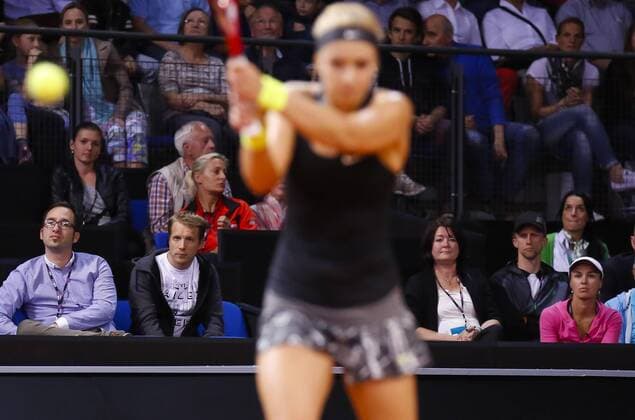 Sabine LISICKI, GER , Trainerin Martina HINGIS, Mutter Elisabeth und Vater Richard, Freund Moderator Oliver POCHER Turnier WTA Tennis Damen Damen Tennis Grand Prix Porsche in Stuttgart , 23.04.2014