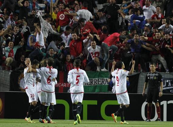 First leg of 1 2 Europa League match between Sevilla FC and Valencia FC. In this picture, Carlos Bacca celebrates his goal. xRAMONxNAVARROx 