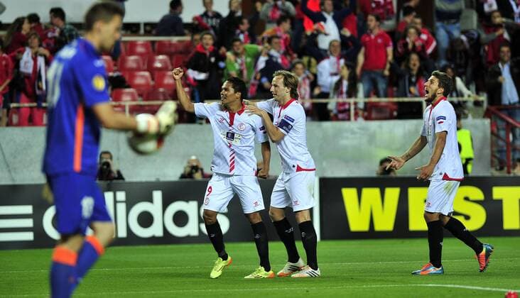 First leg of 1 2 Europa League match between Sevilla FC and Valencia FC. In this picture, Carlos Bacca celebrates his goal beside Teammates Ivan Rakitic and Nicols Pareja. xKIKOxHURTADOx 