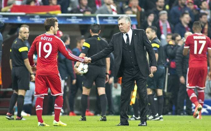 Mario Götze (FCB), Trainer Carlo Ancelotti (Real) 29.04.2014, München, FC Bayern München vs. Real Madrid Â