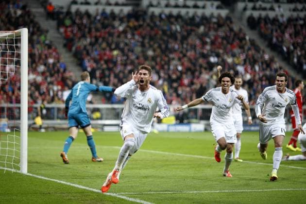 championsleague 2014 Semifinale Spiel 2 FC Bayern München vs. REAL Madrid 0:4 HIER Sergio Ramos hat zum 1:0 getroffen und jubelt vlnr Manuel Neuer ( FC Bayern München ) + Sergio Ramos + Pepe + Karim Benzema + Gareth Bale ( alle REAL Madrid )
