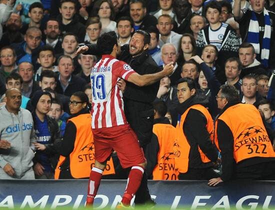 Football - 2013 2014 Champions League - Semi-Final, Second-Leg: Chelsea vs. Atletico Madrid Athletico s Diego Costa celebrates scoring goal no. 2 with the Manager Diego Simeone at Stamford Bridge. COLORSPORT ANDREW COWIE 