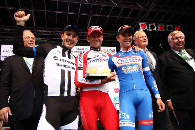 30.04.2014, Frankfurt am Main, Radrennen Rund um den Finanzplatz Eschborn Frankfurt Elite Kat 1 Hc 2. Platz John Degenkolb (GIA), Sieger Alexander Kristoff (KAT) , 3. Platz Jerome Baugnies (WGG)