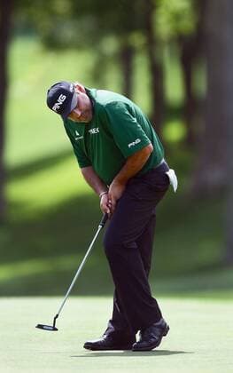 May 1, 2014 - Charlotte, NC, USA - Angel Cabrera encourages a putt on the 15th green with a little body language during the Wells Fargo Championship Pro-Am at Quail Hollow Club in Charlotte, N.C., Thursday, May 1, 2014. Wells Fargo Championship - ZUMAm67