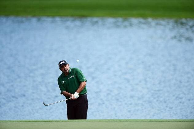 May 1, 2014 - Charlotte, NC, USA - Angel Cabrera chips on to the 16th green during the Wells Fargo Championship Pro-Am at Quail Hollow Club in Charlotte, N.C., Thursday, May 1, 2014. Wells Fargo Championship - ZUMAm67