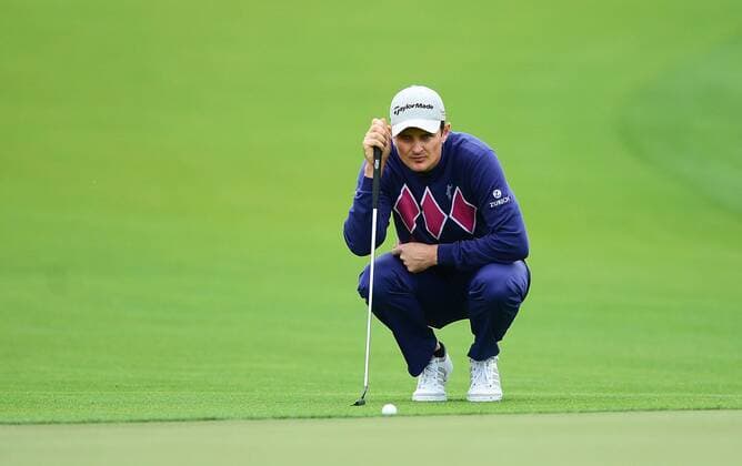 May 2, 2014 - Charlotte, NC, USA - Justin Rose lines up his putt on the 18th green during the second day of competition at the Wells Fargo Championship at the Quail Hollow Club in Charlotte, N.C., Friday, May 2, 2014. Wells Fargo Championship - ZUMAm67