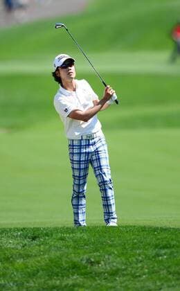 May 2, 2014 - Charlotte, NC, USA - Kevin Na watches the flight of his ball towards the 18th green during the second day of competition at the Wells Fargo Championship at Quail Hollow Club in Charlotte, N.C., Friday, May 2, 2014. Wells Fargo Championship - ZUMAm67