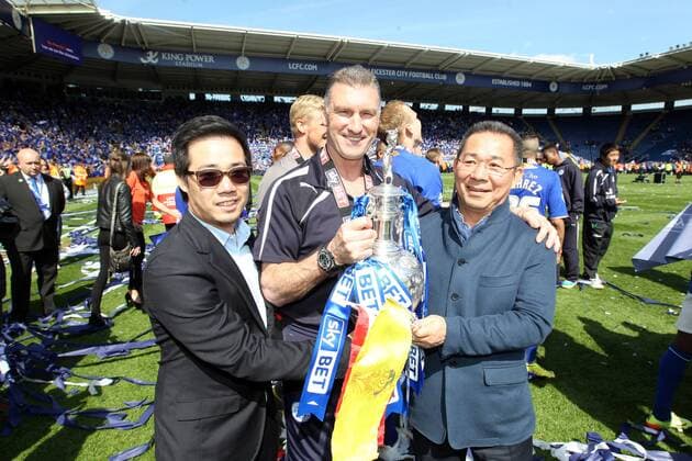 Leicester manager Nigel Pearson with chairman Vichal Srivaddhanaprabha and Vice chairman Aiyawatt Srivaddhanaprabha with the championship trophy Sky Bet Championship - Leicester City - England - 3rd May 2014 -EDITORIAL USE ONLY. No use with unauthorised audio, video, data, fixture lists, club league logos or live services. Online in-match use limited to 120 images, no video emulation. No use in betting, games or single club league player publications.