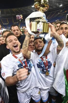 Dries Mertens e Lorenzo Insigne. Celebration with the cup Roma 03-05-2014 Stadio Olimpico - Football Calcio 2013 2014 Italy Cup Final, Finale Coppa Italia, AC Florenz (ACF Fiorentina) vs SSC Neapel andreaxstaccioli