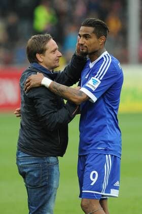 (l.) Horst Heldt (Sportvorstand FC Schalke 04) (r.) Kevin-Prince Boateng (FC Schalke 04) SC Freiburg vs FC Schalke 04, 1. Bundesliga, 33. Spieltag, Saison 2013 14, 03.05.2014, EP_SLR
