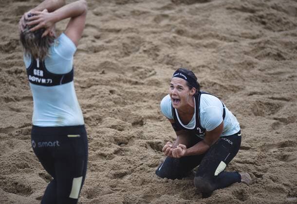 Germany s Kira Walkenhorst (R) and Laura Ludwig celebrate victory over China during the women s final at 2014 FIVB Beach Volleyball World Tour Shanghai PPTV Grand Slam in Shanghai, east China, May 4, 2014. Germany won 2-1. (Xinhua Jiang Kehong) (SP)CHINA-SHANGHAI-BEACH VOLLEYBALL-SHANGHAI GRAND SLAM-WOMEN(CN) 